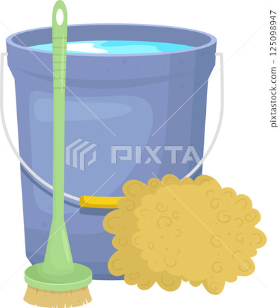 Cleaning Supplies: A bucket of water, a scrub brush, and a sponge, ready for tackling messes. 125098947