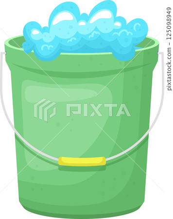 Illustration of a green bucket filled to the brim with bright blue, frothy soap bubbles and a handle. Illustration of a green bucket filled to the brim with bright blue, frothy soap bubbles and a handle. 125098949