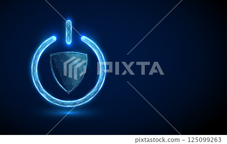 Abstract digital shield inside a power button icon. Security activation and data protection concept. Futuristic technological low poly 125099263