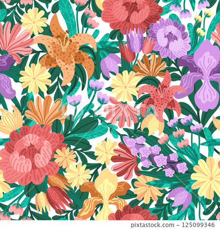 Decorative seamless pattern with spring garden flowers. Vector bunch with bright blossoms and leafy lush greens. Whimsical wildflower scene with textured petals. For spring-themed textile prints 125099346