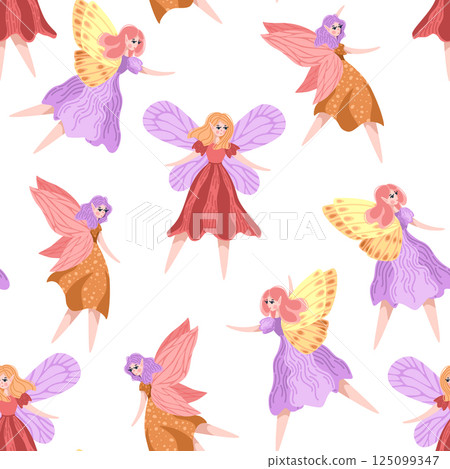 Cute pixie girl flying in seamless pattern illustration of fairies. Ideal for whimsical packaging, and textile 125099347