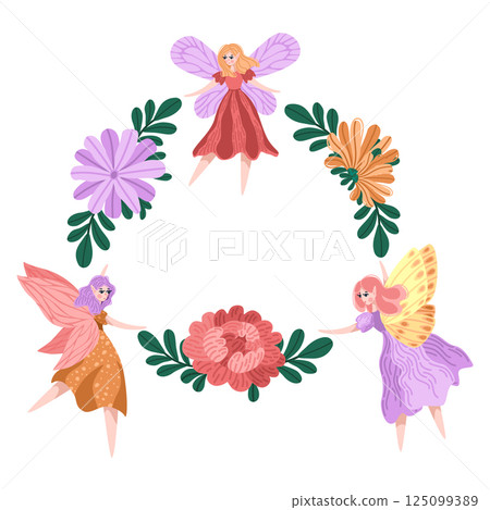Circle frame with flying fairies and blooming florals. Cartoon fairy ring design in flat vector style. Fantasy wreath for invitations or nursery decor. Mystery flower circle with pixies with wings. 125099389