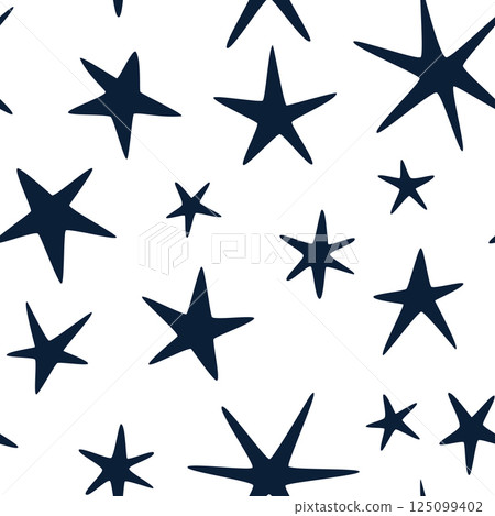 Cartoon star pattern on clean white background. Simple celestial background for dreamy designs. Repeating star texture in flat vector format. Cute twinkling stars for kids decor and prints 125099402