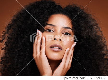 Black woman, portrait and beauty or skincare with cosmetology on a brown studio background. Skincare, facial and cosmetics with an african american female with makeup or cosmetic treatment 125099462
