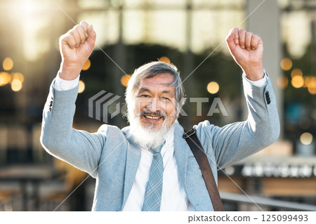 Asian man, winner and business, success with fist up outdoor for celebration after winning, achievement or opportunity in city. Portrait of china entrepreneur celebrate goals for motivation outdoor Asian man, winner and business, success with fist up outdoor for celebration after winning, achievement or opportunity in city. Portrait of china entrepreneur celebrate goals for motivation outdoor 125099493