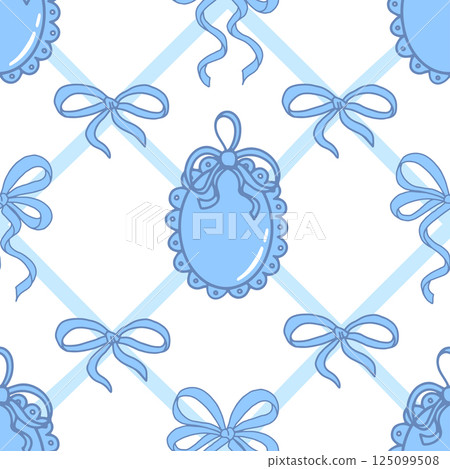 Hand-drawn whimsical Coquette Pattern. Blue Antique Medallion and Bows on pastel Ribbon background. Vintage Feminine Romantic wallpaper, Vintage elegant vector illustration. 125099508