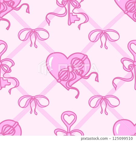 Coquette Pattern Pink Ribbon Bow, Antique Key and Heart. Girly Keys, Hearts with bows on pink background with cross ribbons. Trendy feminine romantic template for wedding, fabric, wrapping. Vector Coquette Pattern Pink Ribbon Bow, Antique Key and Heart. Girly Keys, Hearts with bows on pink background with cross ribbons. Trendy feminine romantic template for wedding, fabric, wrapping. Vector 125099510