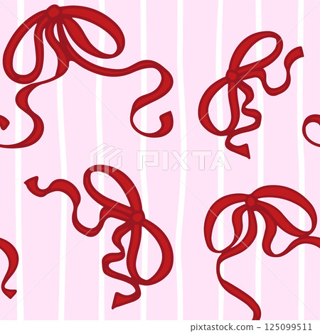 Coquette seamless pattern Red Ribbon Bow. Pretty Girly bows on Pink striped background. Trendy feminine romantic art for greeting cards, textile, fabric, wallpaper, wrapping. Vector Illustration. Coquette seamless pattern Red Ribbon Bow. Pretty Girly bows on Pink striped background. Trendy feminine romantic art for greeting cards, textile, fabric, wallpaper, wrapping. Vector Illustration. 125099511