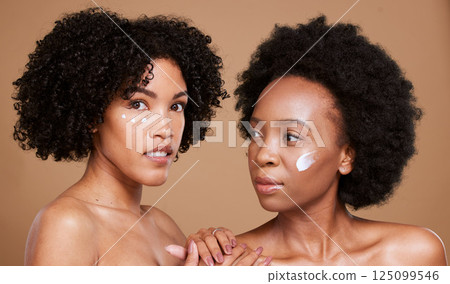 Black women, cream and skincare portrait, face and wellness product for beauty, cosmetics and studio brown background. Natural model, facial sunscreen or lotion for healthy skin, collagen and glow 125099546