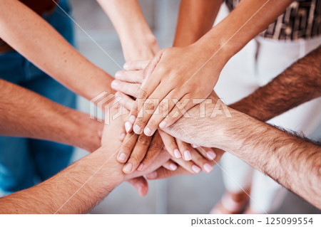 Top view, hands and together to connect, for support and solidarity and team building for success, agreement and being community. Hand gesture, group stack pile and connection for loyalty and unity. Top view, hands and together to connect, for support and solidarity and team building for success, agreement and being community. Hand gesture, group stack pile and connection for loyalty and unity. 125099554