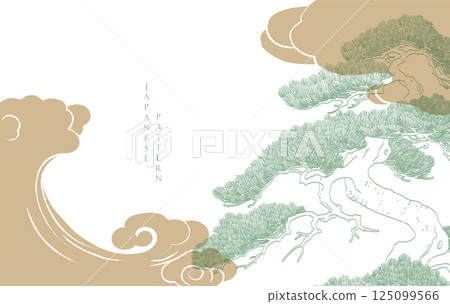 Japanese background with line bonsai tree and chinese cloud pattern vector. Abstract template with geometric wave pattern in risograph style 125099566