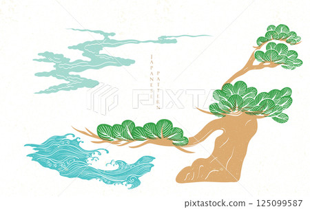 Japanese background with Asian traditional icon vector. Bonsai tree and cloud Chinese elements. Geometric pattern in vintage style. 125099587