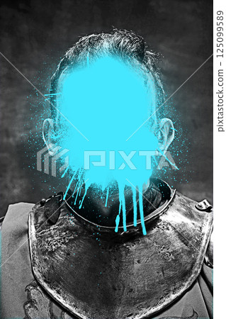Art collage. Person in armor with light blue paint on face showing lost control and need to protect emotion. 125099589