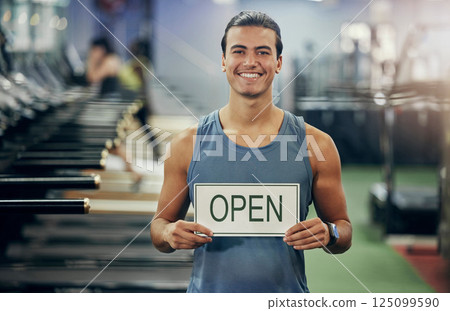 Fitness, gym and owner open sign portrait with smile of man for professional fitness, training and management. Workout, wellness and muscle training expert excited and ready to coach holding sign 125099590