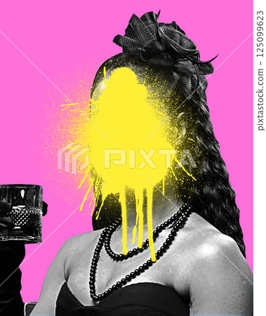 Art collage. Power. Woman in pearls with drink and gloves, yellow paint over face showing stylish protest. 125099623
