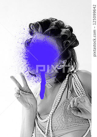 Contemporary portrait. Woman with vintage hair and pearls, blue paint on face showing loud emotion and personal protest. Contemporary portrait. Woman with vintage hair and pearls, blue paint on face showing loud emotion and personal protest. 125099642