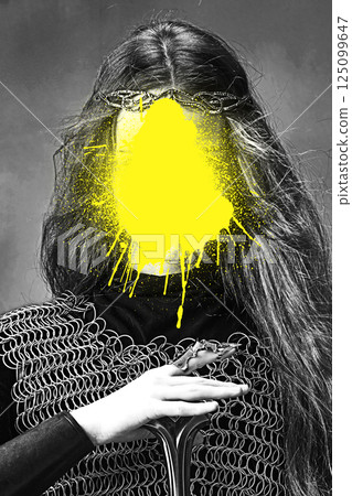 Contemporary art collage. Woman in chainmail and crown holding sword, yellow paint on face showing strong protest and lost identity. 125099647