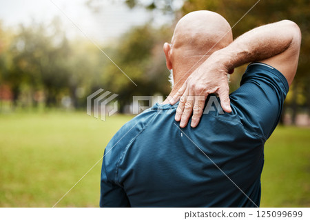Exercise, fitness and back pain of senior man at outdoor park after bad workout. Mature male runner with hand on spinal injury, fibromyalgia and muscle pain after cardio, running or training in natur Exercise, fitness and back pain of senior man at outdoor park after bad workout. Mature male runner with hand on spinal injury, fibromyalgia and muscle pain after cardio, running or training in natur 125099699
