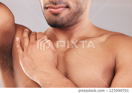 Beard, armpit and body skincare of man in studio isolated on a gray background. Hygiene, grooming and chest hair removal of muscular male fitness model, waxing and cleaning for wellness and beauty. Beard, armpit and body skincare of man in studio isolated on a gray background. Hygiene, grooming and chest hair removal of muscular male fitness model, waxing and cleaning for wellness and beauty. 125099701