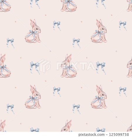 Watercolor seamless pattern with cute white rose bunny with blue bow and polka dots. Repeat pattern pastel color with rabbit. Tender watercolor hand drawn illustration for holiday or kids design. Watercolor seamless pattern with cute white rose bunny with blue bow and polka dots. Repeat pattern pastel color with rabbit. Tender watercolor hand drawn illustration for holiday or kids design. 125099738