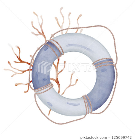 Watercolor illustration sea lifebuoy light blue and white safeties ring with rope. Hand drawn composition with marine rescue equipment and Seaweed isolated on white background for babes production. Watercolor illustration sea lifebuoy light blue and white safeties ring with rope. Hand drawn composition with marine rescue equipment and Seaweed isolated on white background for babes production. 125099742