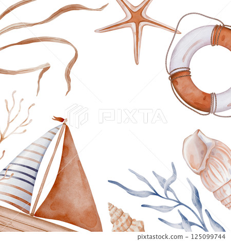 Underwater square frame with Corals, Seaweeds and Seashells. Hand drawn watercolor illustration Sea boat and lifebuoy and star for sea or summer design in light orange and pastel blue colors. 125099744