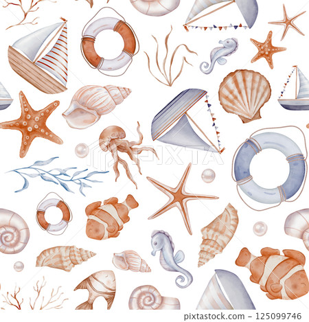 Watercolor seamless pattern with Seashell and Pearls and sea elements on isolated background. Hand drawn vintage repeat ornament with Sea boat and stars, horse, fish for design in nautical style. 125099746