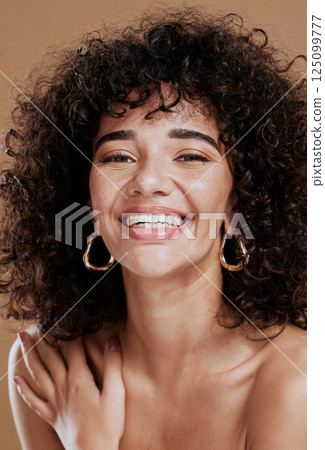black woman, face and smile for afro beauty or natural body skincare wellness in studio. African girl model, portrait and luxury skin dermatology for facial glow or healthy hair care cosmetics 125099777