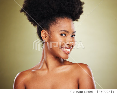Black woman, afro hair or skincare face glow on green studio background in healthcare wellness, curly routine or dermatology. Portrait, smile or happy beauty model, natural hair or makeup cosmetics Black woman, afro hair or skincare face glow on green studio background in healthcare wellness, curly routine or dermatology. Portrait, smile or happy beauty model, natural hair or makeup cosmetics 125099814