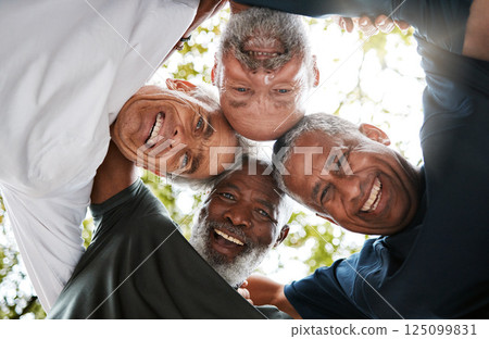 Senior men, friends and community together in a circle for support, trust and diversity with a smile, happiness and collaboration. Portrait, face and hug of healthy, happy and fitness group outdoor Senior men, friends and community together in a circle for support, trust and diversity with a smile, happiness and collaboration. Portrait, face and hug of healthy, happy and fitness group outdoor 125099831