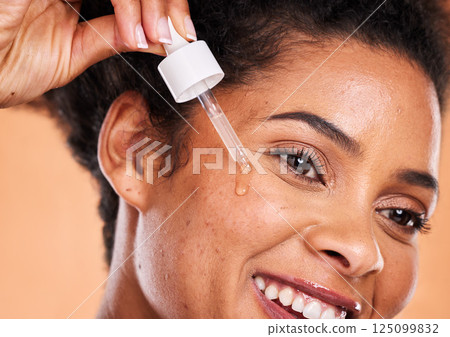 Black woman, face serum or dropper in skincare oil routine, healthcare grooming or wellness in retinol dermatology, collagen or vitamin c. Zoom, smile or happy beauty model with facial liquid product Black woman, face serum or dropper in skincare oil routine, healthcare grooming or wellness in retinol dermatology, collagen or vitamin c. Zoom, smile or happy beauty model with facial liquid product 125099832