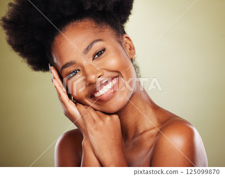 Happy, portrait or black woman for skincare, beauty or model with afro in studio for facial, skin or health. Smile, portrait or makeup for natural girl in facial wellness, cosmetics or lifestyle Happy, portrait or black woman for skincare, beauty or model with afro in studio for facial, skin or health. Smile, portrait or makeup for natural girl in facial wellness, cosmetics or lifestyle 125099870