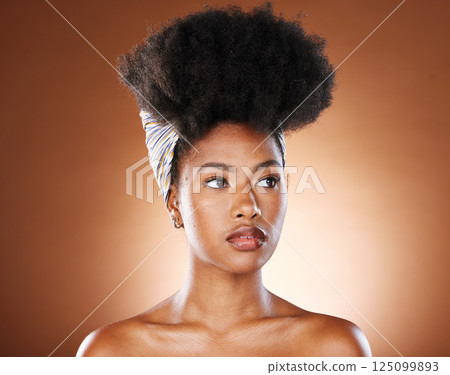 Beauty, hair and afro with black woman and scarf for fashion, luxury and skincare wellness. Makeup, cosmetic and curly hair with girl model for self love, confidence and African in studio background 125099893