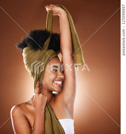 Black woman, afro hair and scarf for fashion, in studio and trendy clothes, african culture or heritage. Happy young black girl model, curly hairstyle and head wrap for beauty, confidence and glamour Black woman, afro hair and scarf for fashion, in studio and trendy clothes, african culture or heritage. Happy young black girl model, curly hairstyle and head wrap for beauty, confidence and glamour 125099897