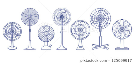 Set of electric fans. Collection of various fan designs. Outline illustration  in blue color. 125099917