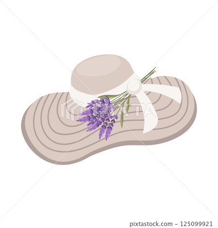 Summer hat with lavender bouquet. Women's hat with lavender flowers. Illustration on white background. Summer hat with lavender bouquet. Women's hat with lavender flowers. Illustration on white background. 125099921