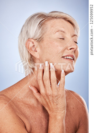 Mature woman, beauty and skincare wellness and health for beautiful cosmetology on a grey studio background. Body, bodycare and senior female for facial face care and dermatology skin care Mature woman, beauty and skincare wellness and health for beautiful cosmetology on a grey studio background. Body, bodycare and senior female for facial face care and dermatology skin care 125099952