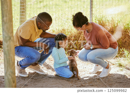 Love, black family and dog adoption at animal shelter, kennel or house. Care, support and choice of caring family choosing puppy to take home or foster for little girl bonding with cute pet in cage. Love, black family and dog adoption at animal shelter, kennel or house. Care, support and choice of caring family choosing puppy to take home or foster for little girl bonding with cute pet in cage. 125099982