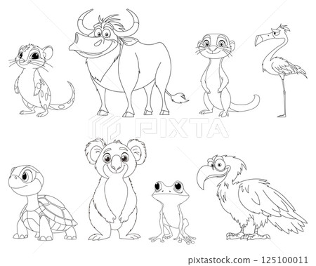 A delightful cartoon lineup showcasing a diverse collection of animals, ready for coloring fun and artistic imagination. 125100011