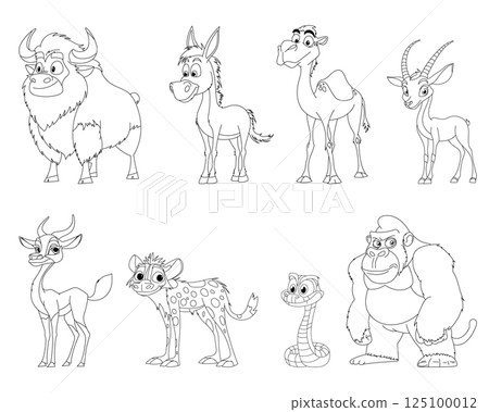 Cartoon animal collection featuring a buffalo, donkey, camel, two gazelles, a hyena, snake, and gorilla, all in black and white outlined style. 125100012