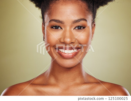 Portrait of black woman, happy smile and skincare face model for cosmetics healthcare, glowing skin and wellness. Natural facial beauty, healthy glow and organic cosmetic on a green studio background Portrait of black woman, happy smile and skincare face model for cosmetics healthcare, glowing skin and wellness. Natural facial beauty, healthy glow and organic cosmetic on a green studio background 125100025