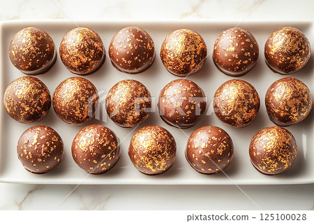 Featuring gourmet chocolate topped with edible gold leaf in white plate. Promoting high-end chocolate products and luxury dessert catering. Top view 125100028