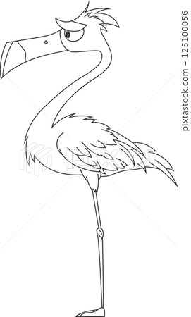 An illustration of a black and white cartoon flamingo looking displeased, standing on one leg. The flamingo has an angry expression. 125100056