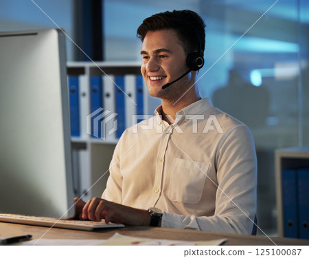Customer support service employee, smile at night and working on helping client with faq solution in digital call center. Telemarketing business, crm consultant at office desk and online consultant Customer support service employee, smile at night and working on helping client with faq solution in digital call center. Telemarketing business, crm consultant at office desk and online consultant 125100087