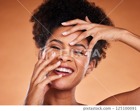 Beauty, skincare and face portrait of black woman with glowing skin routine, self love and happy with luxury facial treatment. Spa salon, makeup cosmetics and model satisfied with skin care routine Beauty, skincare and face portrait of black woman with glowing skin routine, self love and happy with luxury facial treatment. Spa salon, makeup cosmetics and model satisfied with skin care routine 125100091