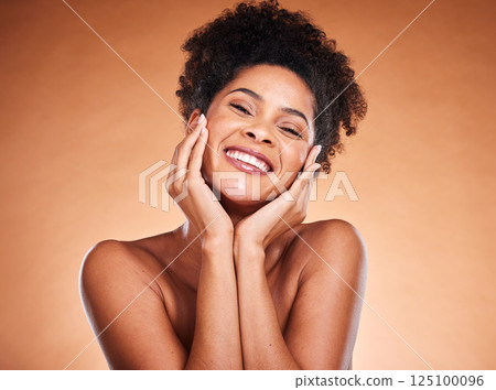 Beauty, self care and face portrait of black woman satisfied with self love treatment, skincare routine and natural cosmetics. Dermatology, luxury makeup and African girl happy with facial skin glow 125100096