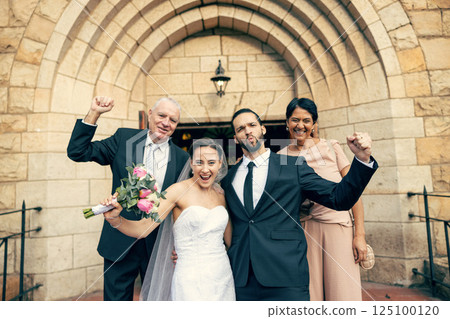 Wedding, couple and family in marriage celebration for commitment, trust or support for relationship. Portrait of excited married bride and groom with happy parents celebrating in joy at the church 125100120