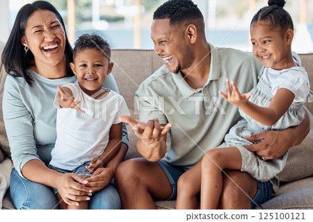 Happy family, children or laughing and bonding on sofa in house or home living room in fun game, playful activity or spiderman hands gesture. Smile, love or comic mother, father or parents with kids 125100121