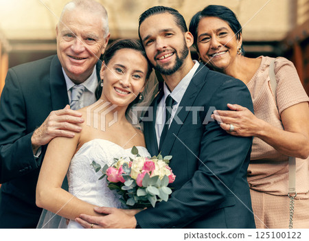 Bride, groom and family portrait hug for wedding celebration, generations or marriage at the church. Married man and woman with happy family smile for commitment, trust or love and support together 125100122