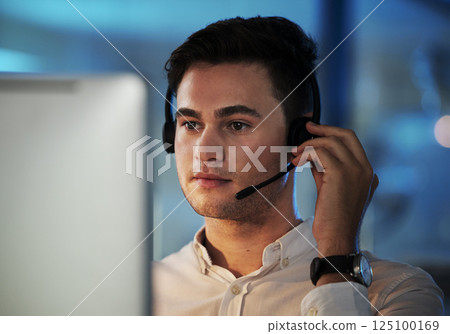 Call center, telemarketing and support with a man consulting using a headset for communication in his office. Contact us, crm and customer service with a male consultant working in retail or sales Call center, telemarketing and support with a man consulting using a headset for communication in his office. Contact us, crm and customer service with a male consultant working in retail or sales 125100169